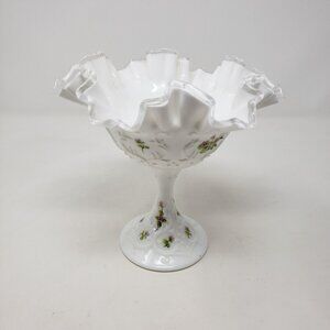 Vintage Fenton Milk Glass Footed Ruffle Violets in Snow Compote Signed Dane F.